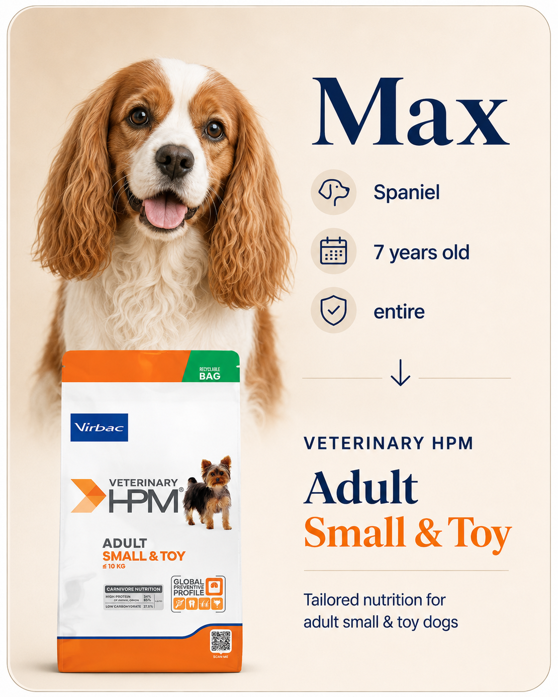 Max, Spaniel, 7 years old, entire, recommended Veterinary HPM Adult Small and Toy
