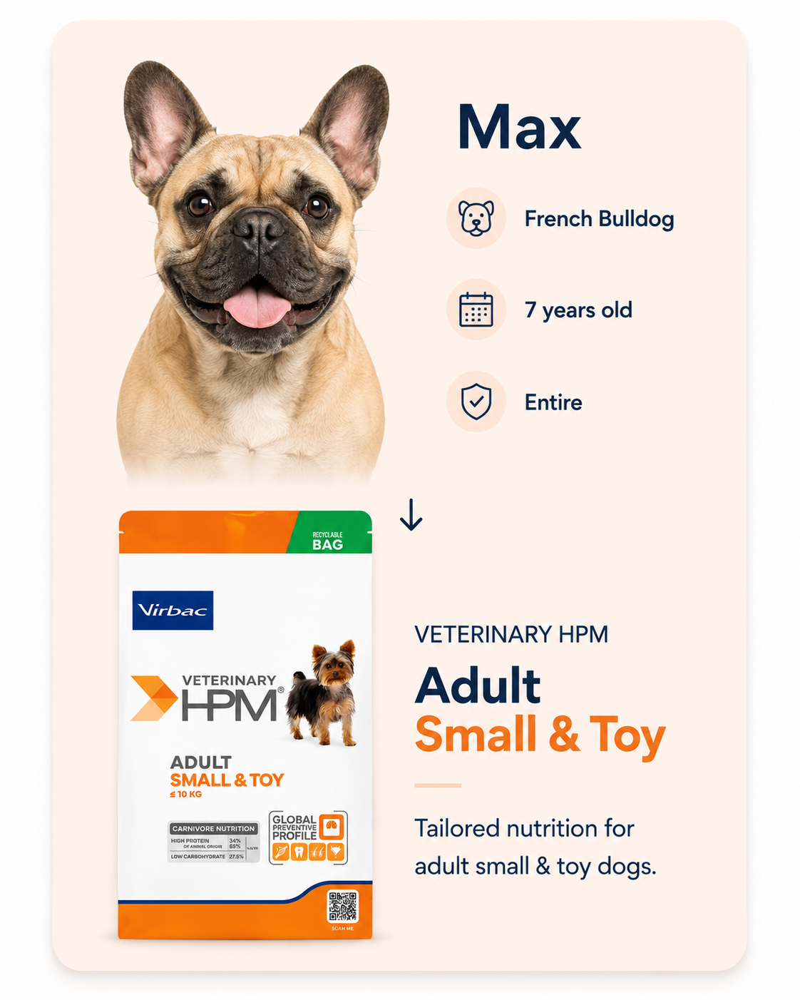Max, French Bulldog, 7 years old, entire, recommended Veterinary HPM Adult Small and Toy